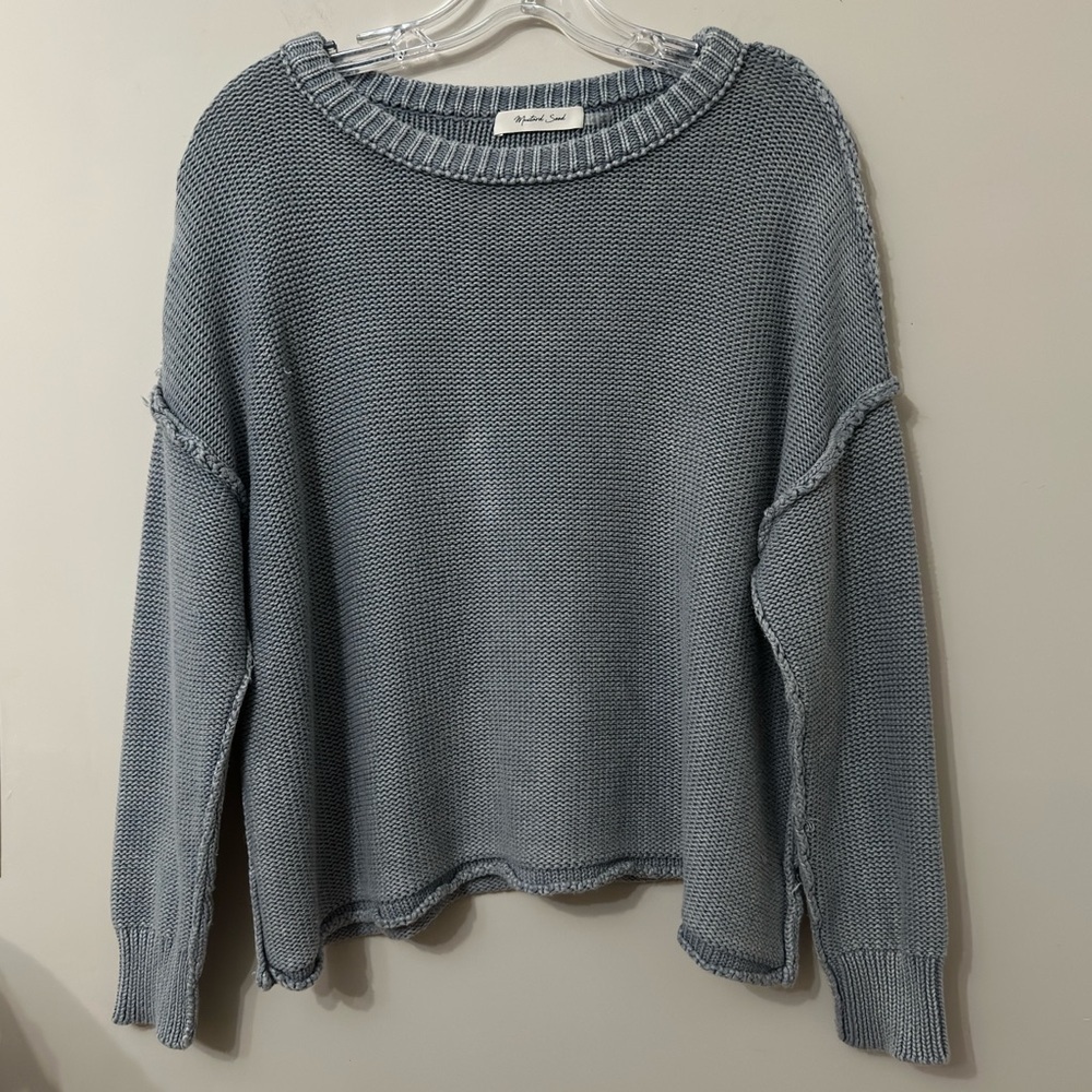 Mustard Seed boho Knit Blue Gray Washed Slouchy Relaxed Pull Over Sweater